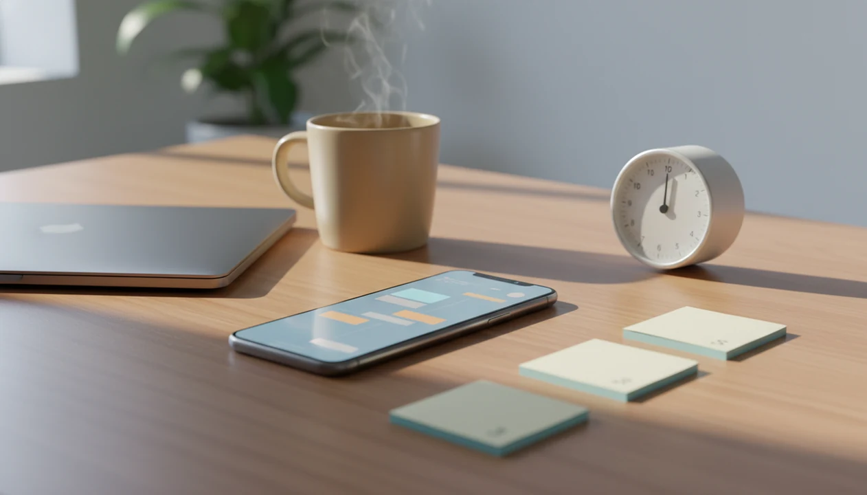 A calm desk shows a phone, blank sticky notes, and a timer arranged for gentle task structure.