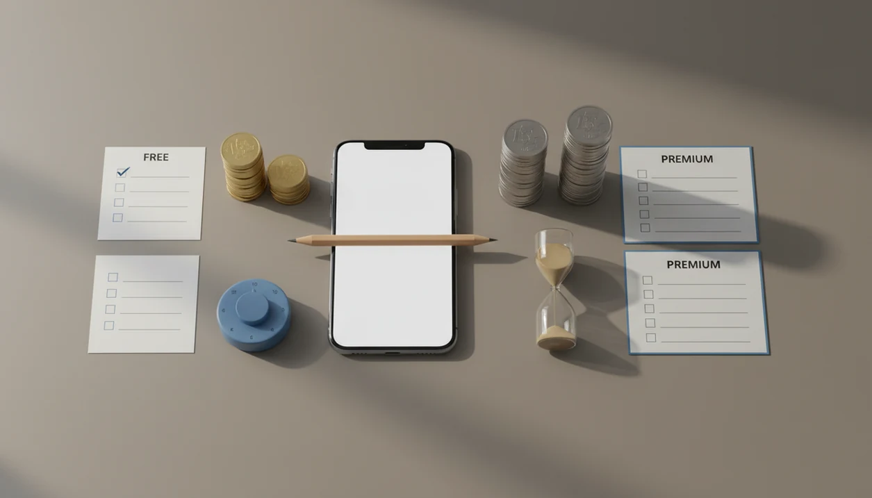 A phone, coins, timer, and blank checklist cards arranged as a pricing decision workspace.
