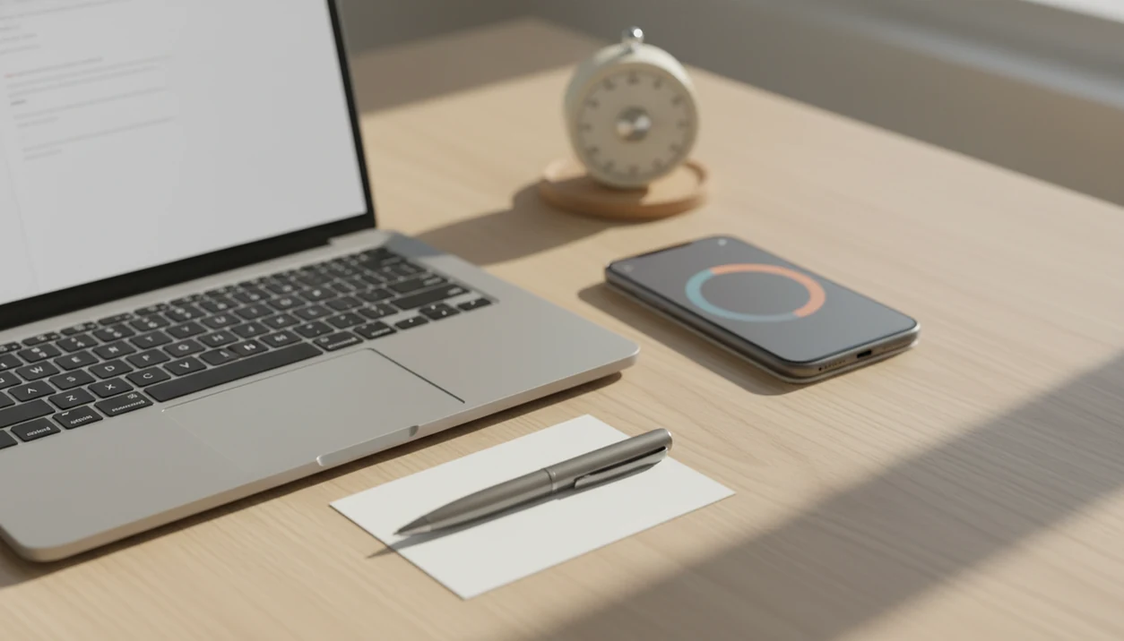 A focused desk setup with a phone timer, blank task card, pen, and laptop ready for a short work sprint.
