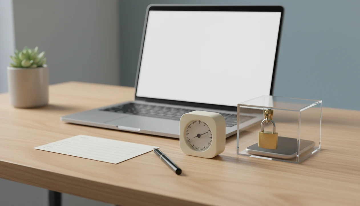 A focused desk setup shows a task card, timer, and locked-away phone beside a laptop.