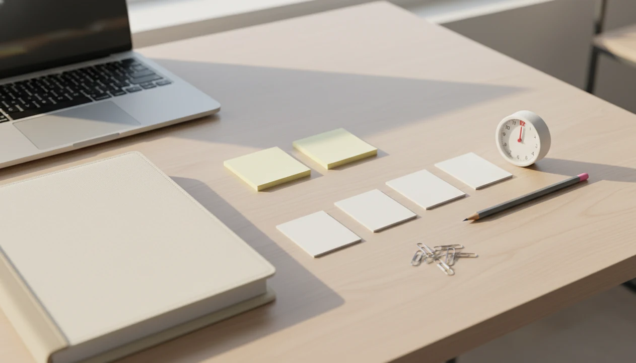 A student desk shows a large assignment folder broken into smaller blank task cards beside a timer.