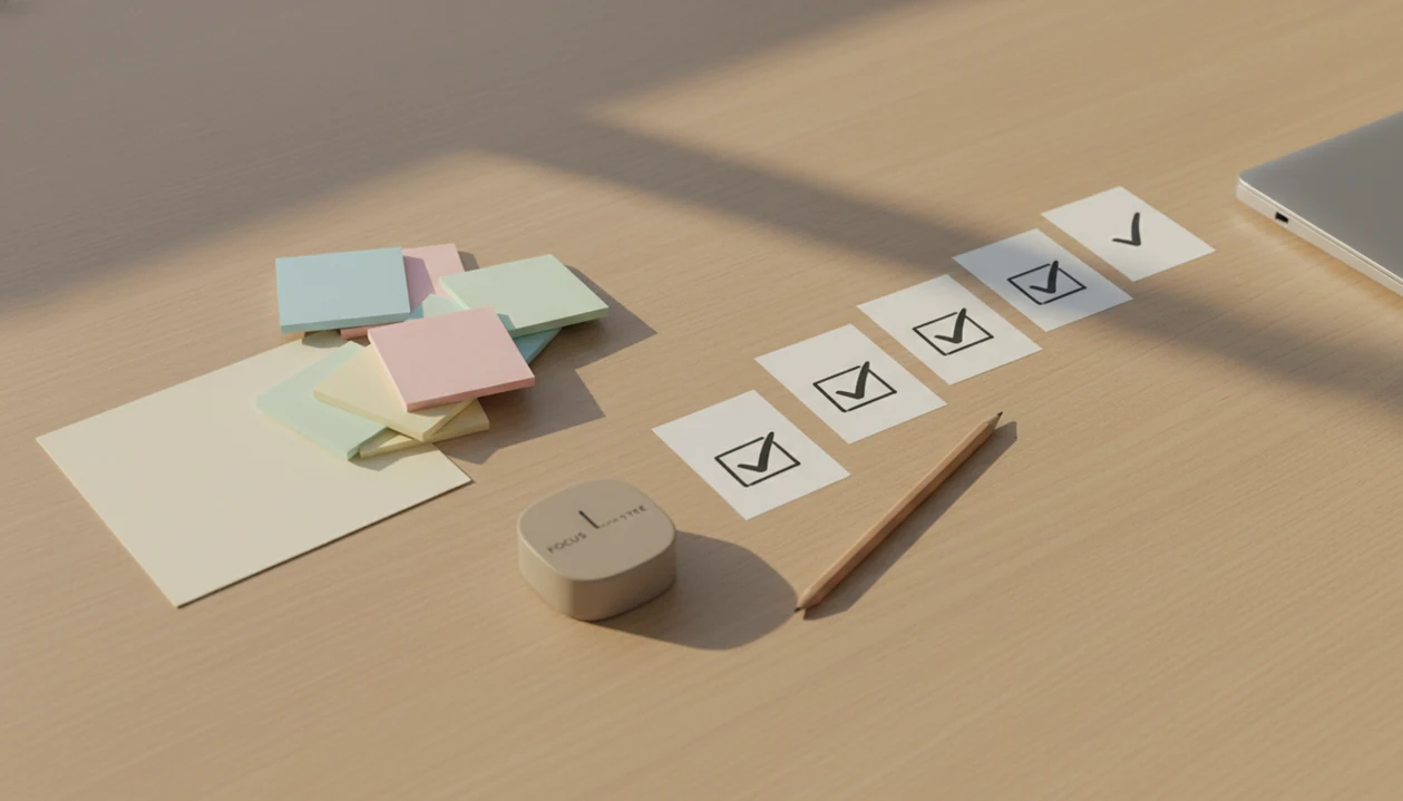 A desk flat lay shows one large project card broken into smaller step cards beside a focus timer.