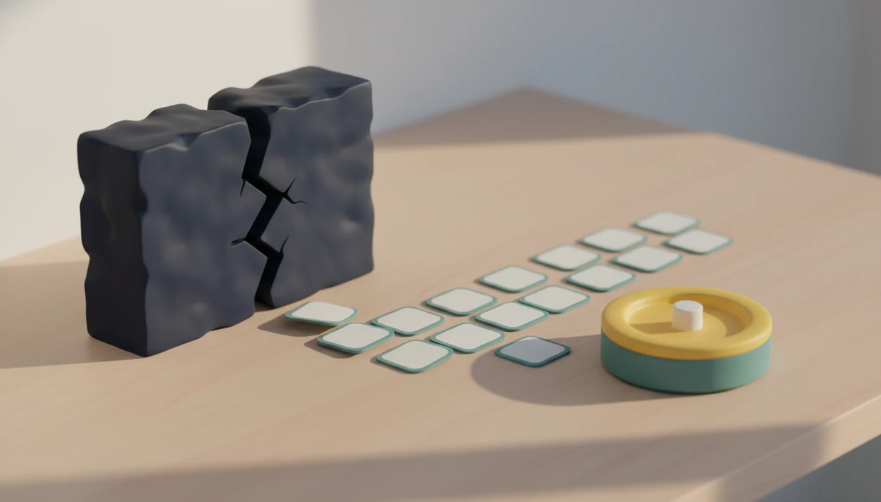A large task block breaks into small steps leading toward a focus timer on a clean desk.
