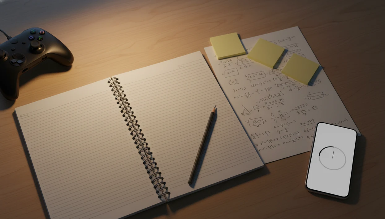 A tidy homework desk shows blank step notes, a pencil, and a phone timer ready for focused study.