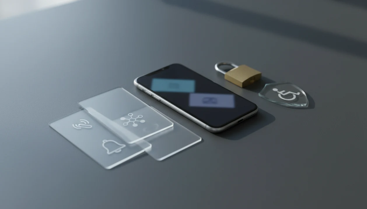 A smartphone, padlock, shield, and abstract permission cards arranged on a dark desk.