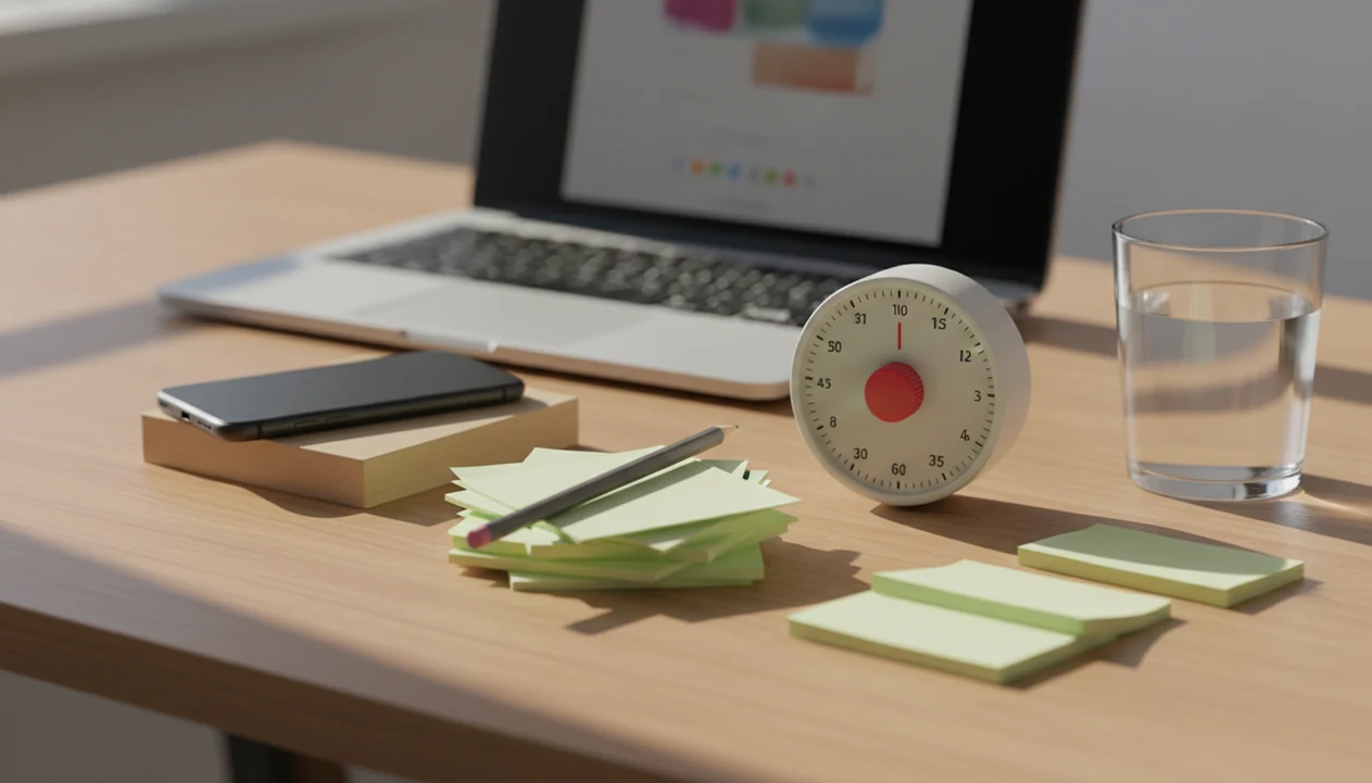 A focused desk setup shows a timer, blank task cards, and a phone set aside to reduce distractions.