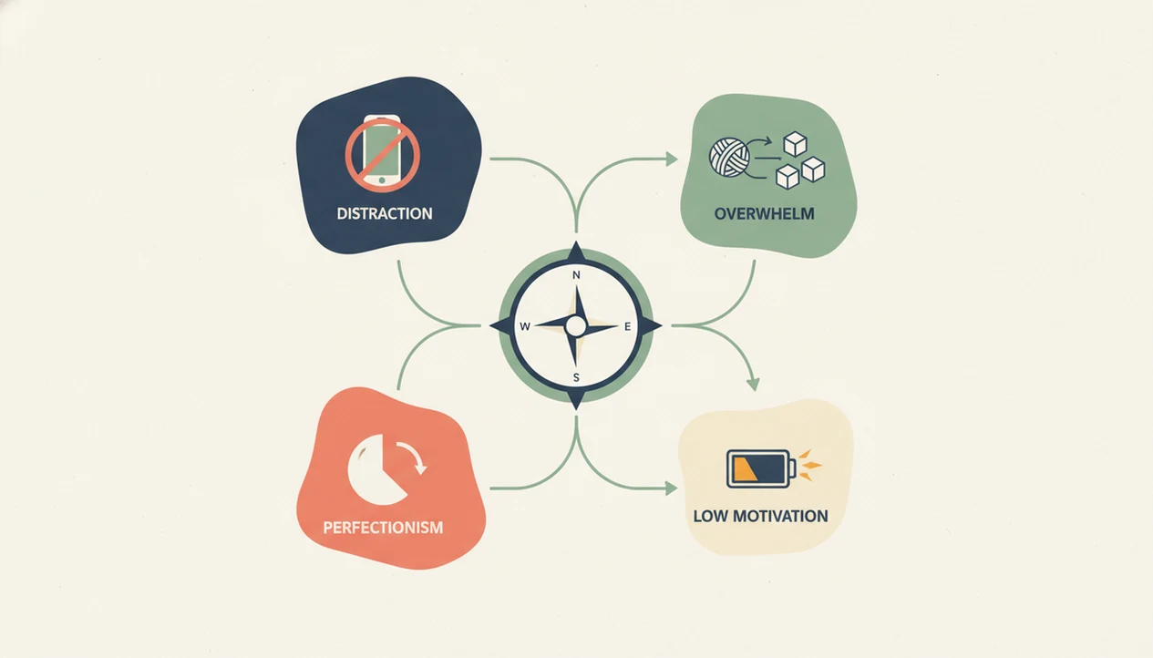 An abstract decision map shows four procrastination triggers connected to a central choice point.