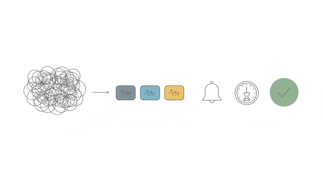 A simple diagram shows an overwhelming tangle becoming small steps, a reminder, a timer, and completion.