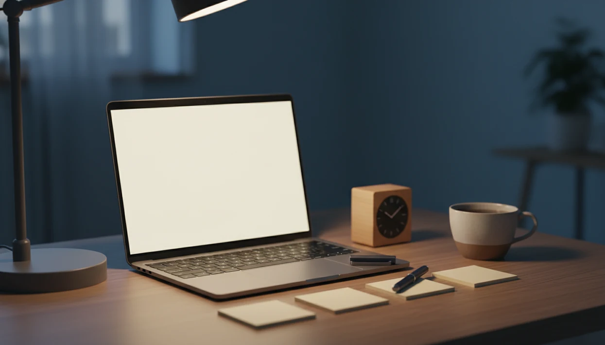 A calm desk shows a blank laptop, sticky notes, and timer ready for a small first step.