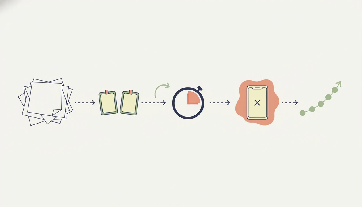 A simple visual workflow shows messy homework becoming small steps, a timer, focus, and progress.