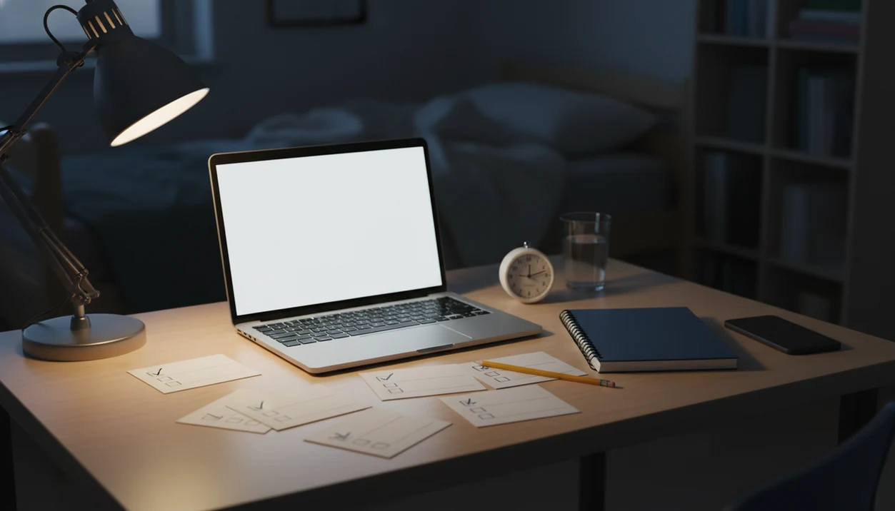 A late-night student desk shows a blank laptop, timer, notes, and a phone turned face down.