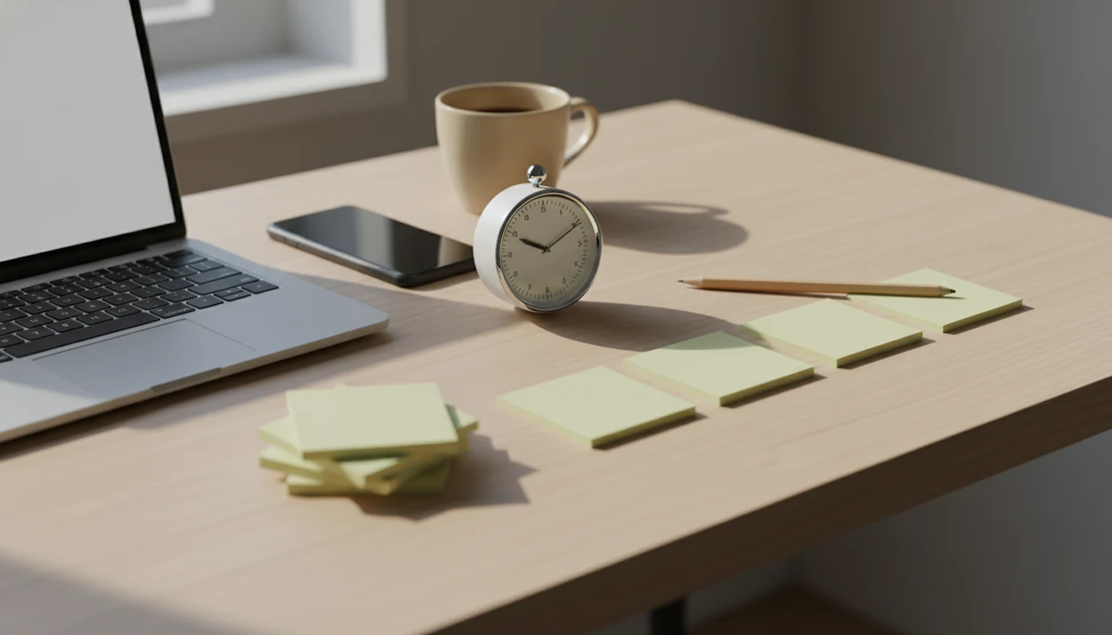 A desk shows messy notes becoming simple steps beside a timer, laptop, and face-down phone.