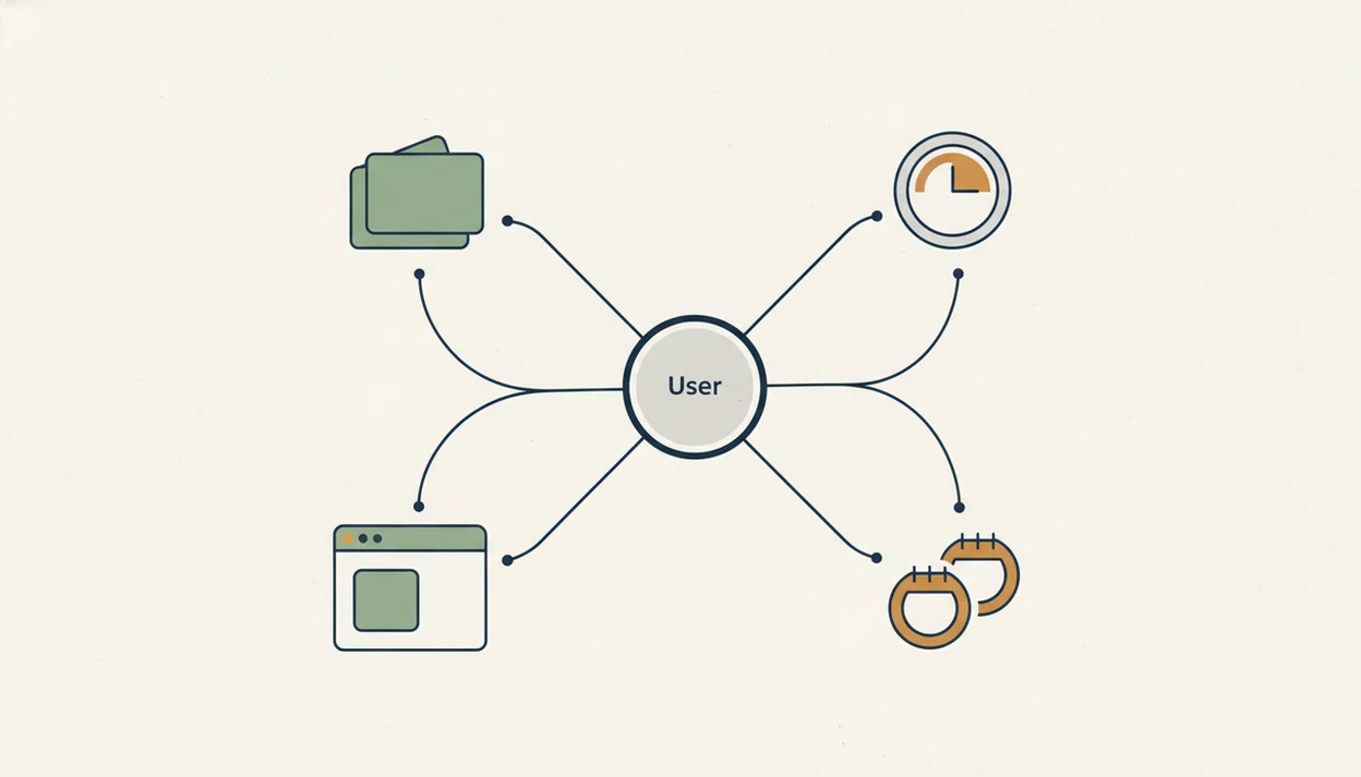 An abstract decision map branches from a user symbol to tasks, timer, blocker, and accountability options.