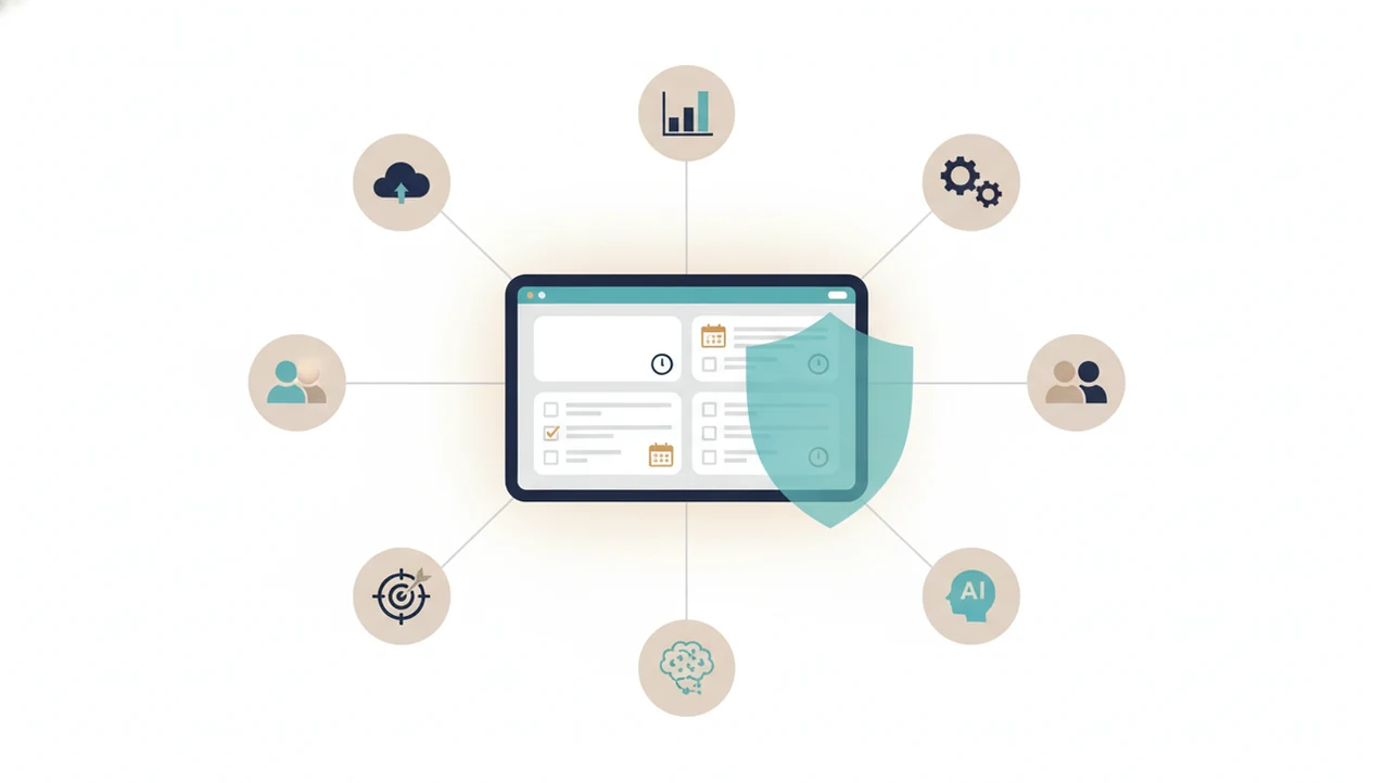 A task board sends data lines to abstract service nodes while a privacy shield covers part of it.