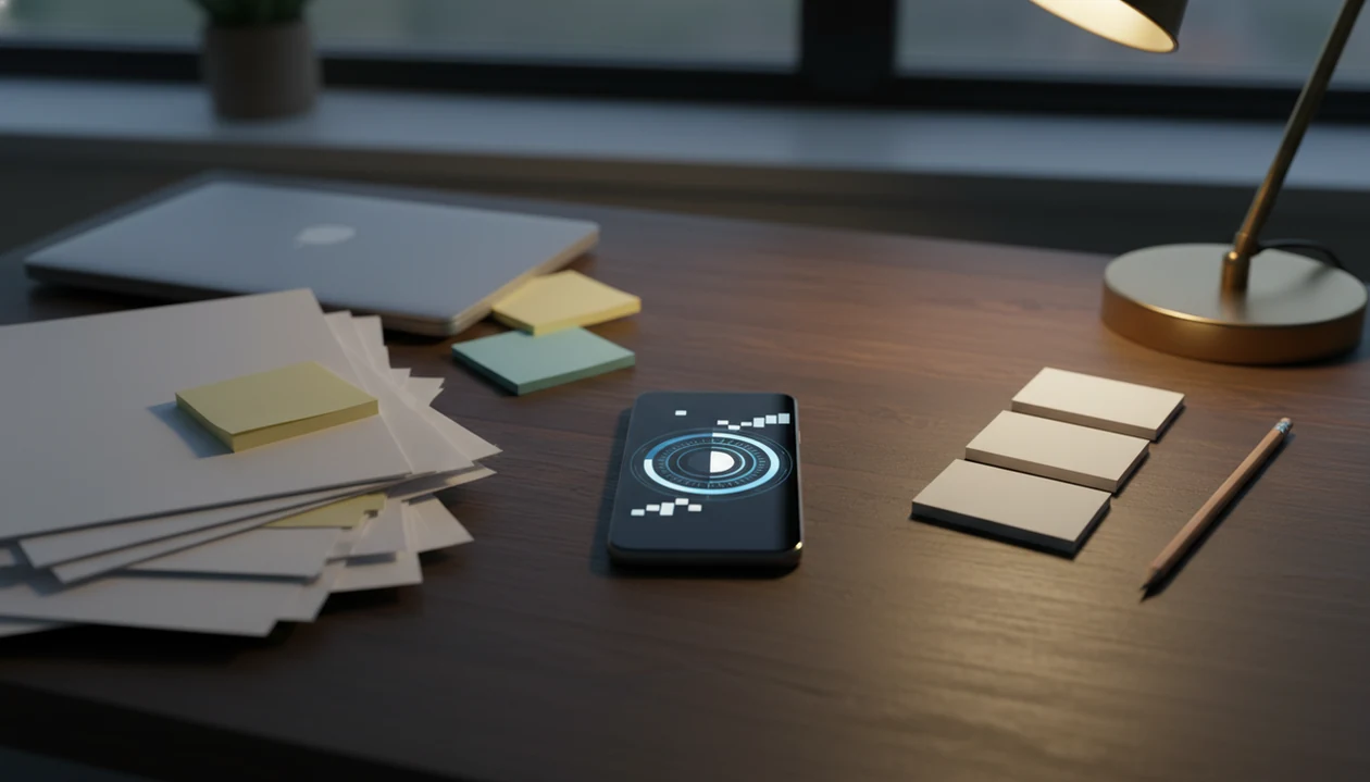 A messy desk becomes organized into small blank task cards beside a phone with an abstract timer.