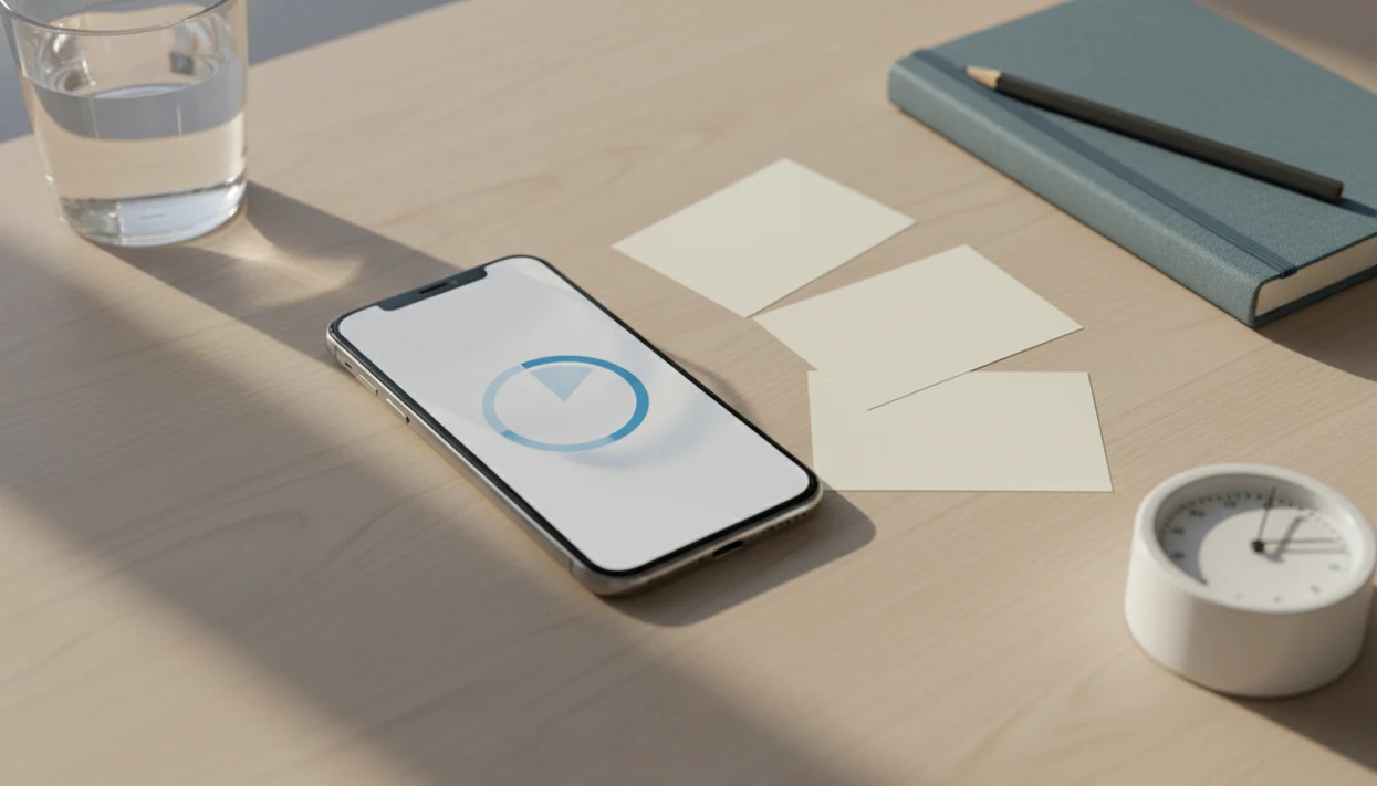 A tidy desk shows a phone, blank task cards, notebook, pencil, and timer arranged for focused work.