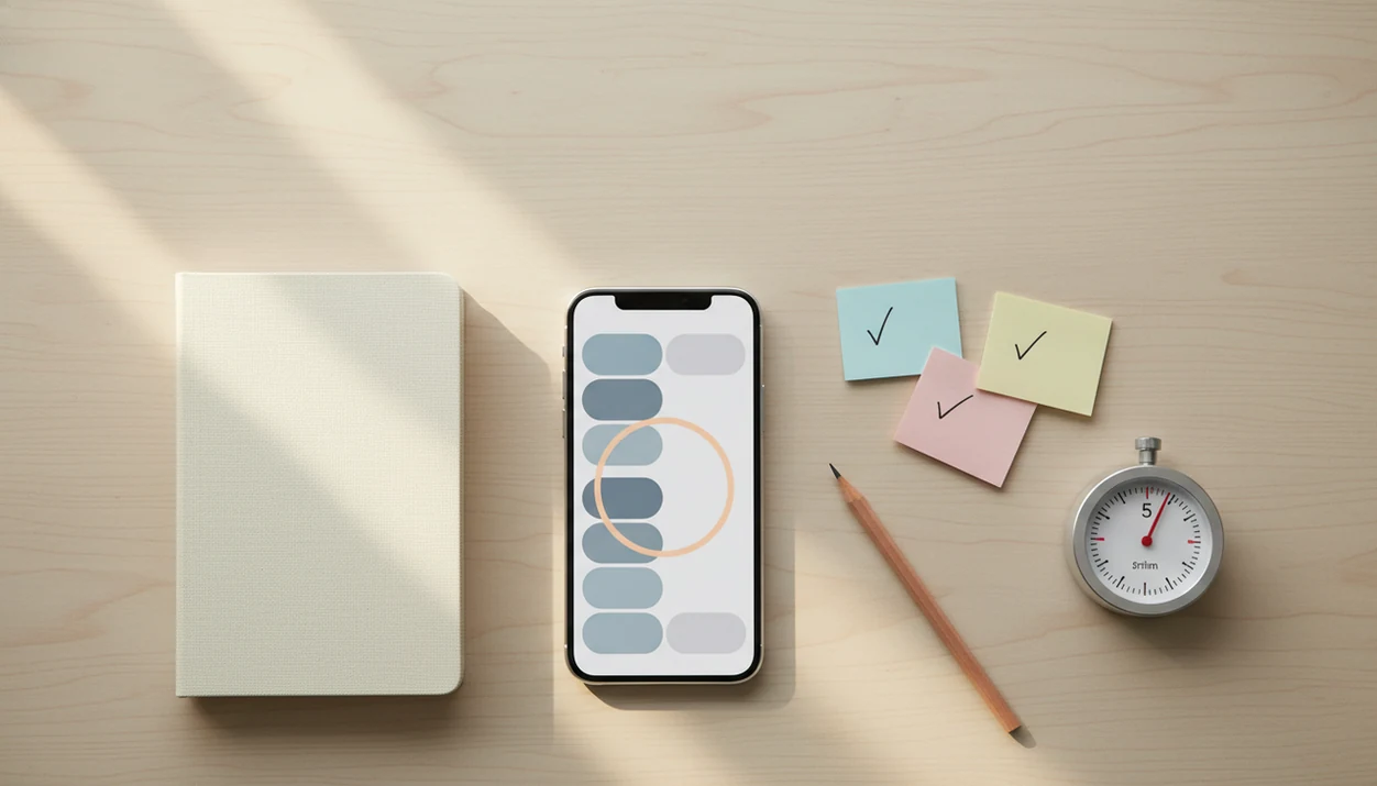 A tidy desk shows a phone, blank task notes, pencil, notebook, and timer ready for a focused work session.