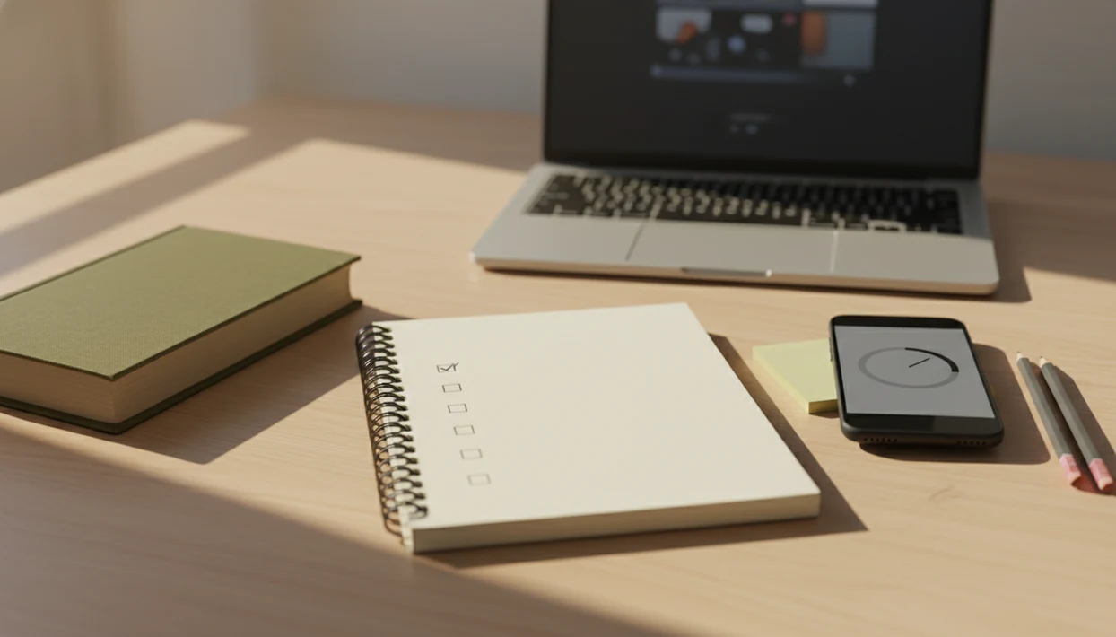 A tidy study desk shows a notebook, phone timer, textbook, and pencils ready for a focused sprint.