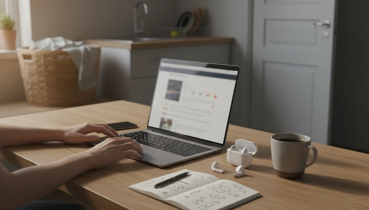 A remote work desk shows a laptop, timer-like tools, and home distractions blurred in the background.