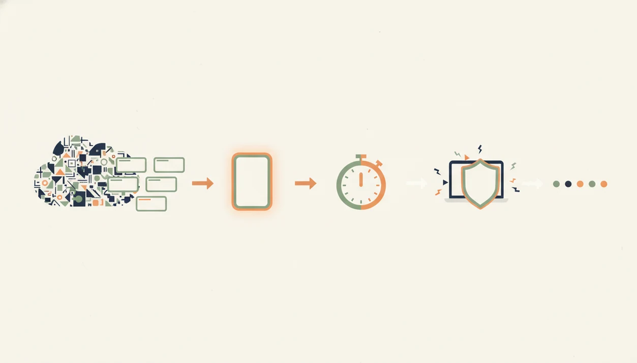 A simple five-stage diagram shows tasks becoming a timed focus sprint with distraction control and progress.