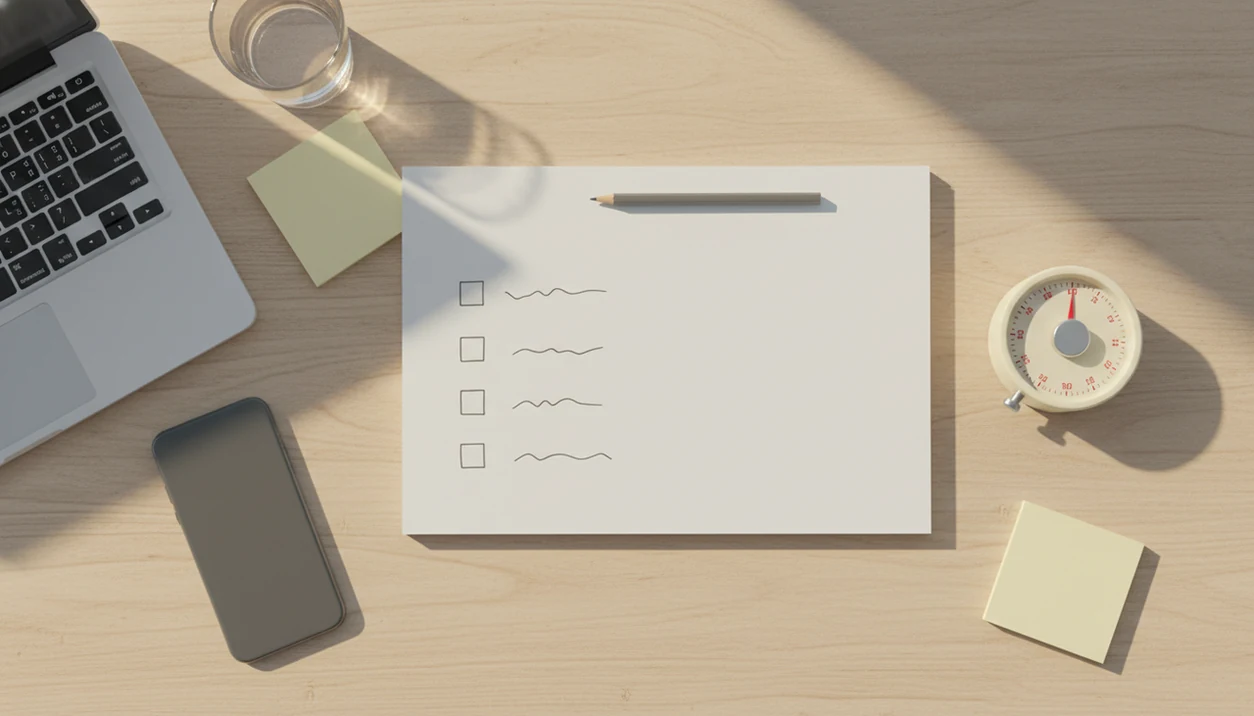 A tidy desk shows a timer, blank task checklist, closed laptop, and phone set aside for focused work.
