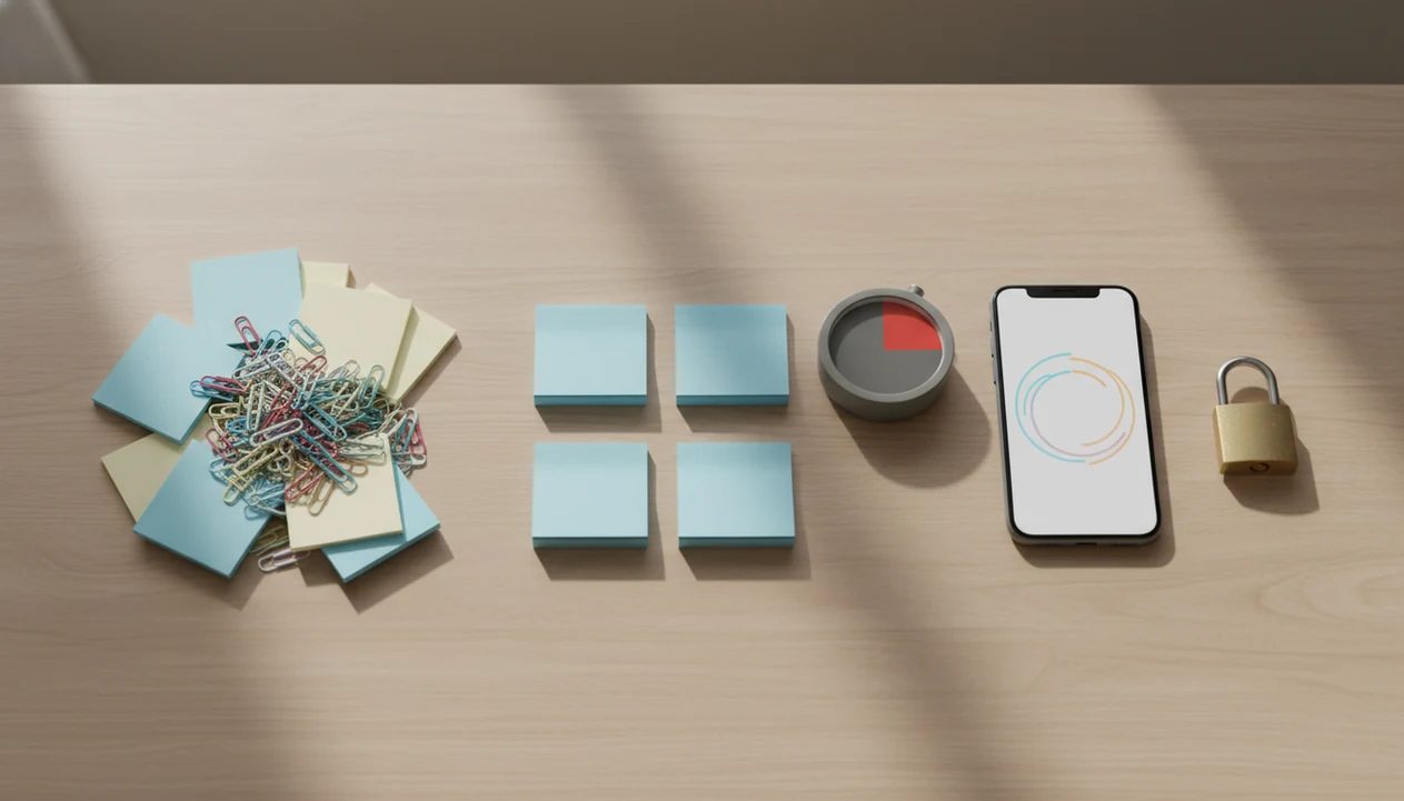 A tidy desk shows blank task cards, a simple timer, a phone, and a padlock for private focus support.