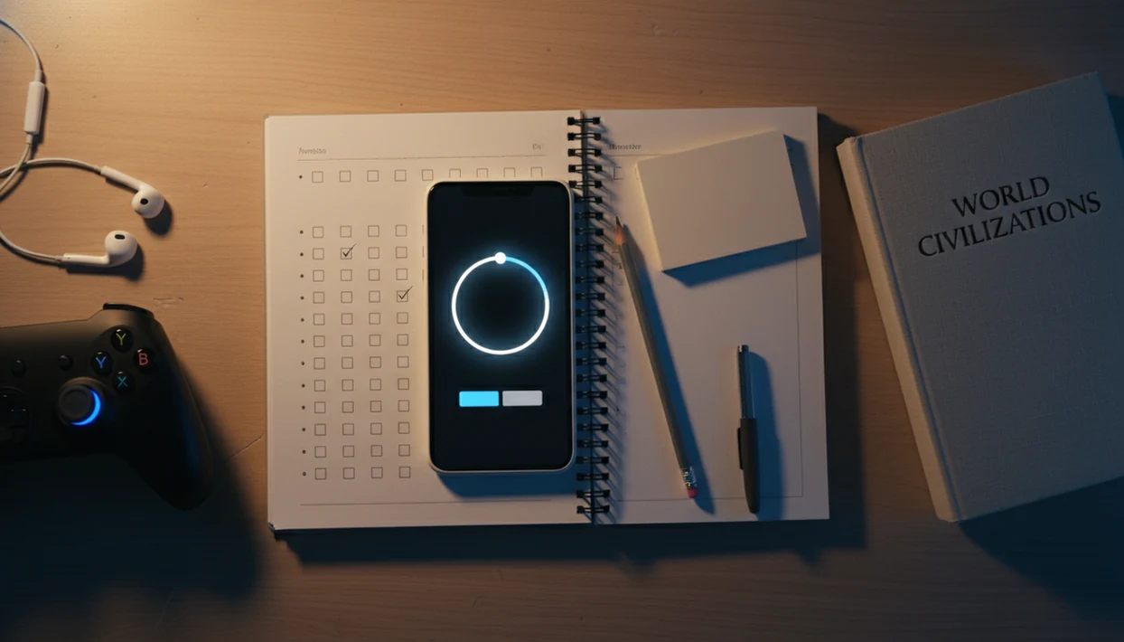 A student desk with a phone timer, notebook, pencil, and distractions pushed aside for focused homework.