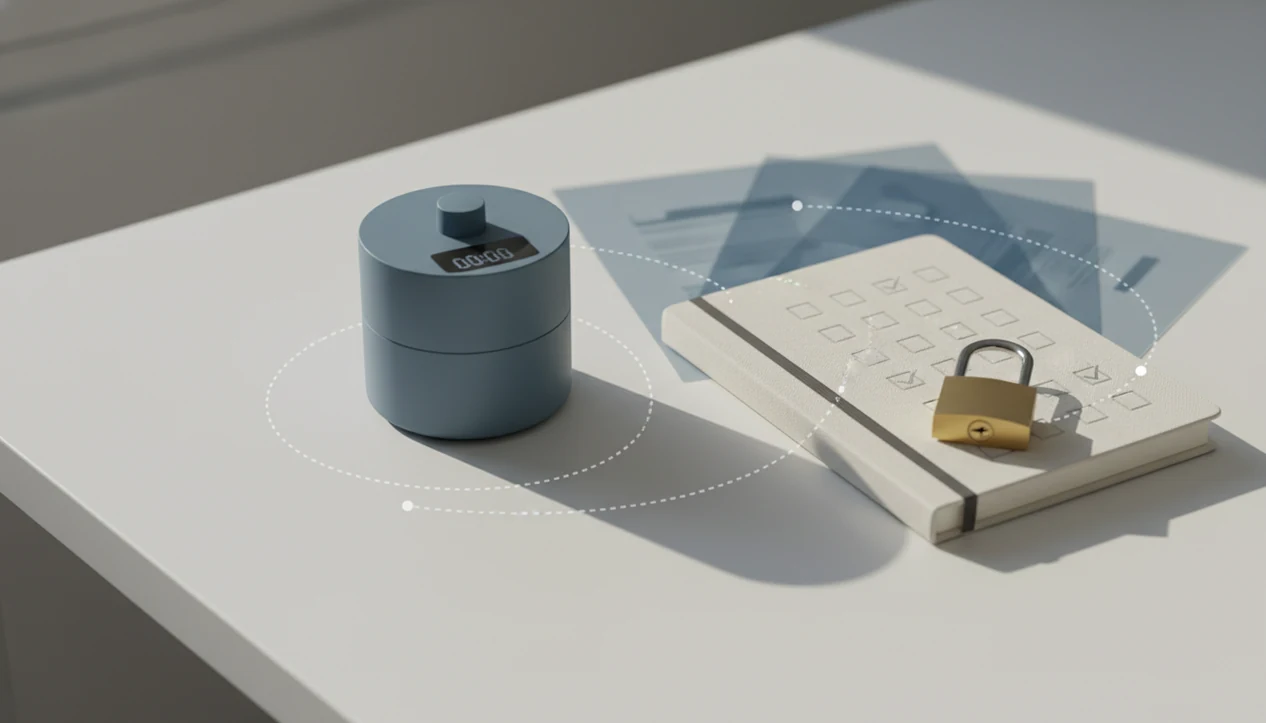 A focus timer, blank task notebook, and padlock arranged to symbolize private productivity data controls.