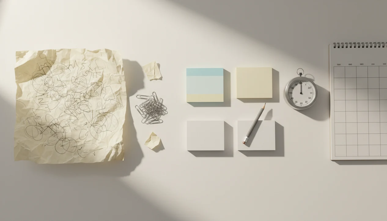 A messy project plan becomes organized into blank task cards, notes, and a timer on a desk.