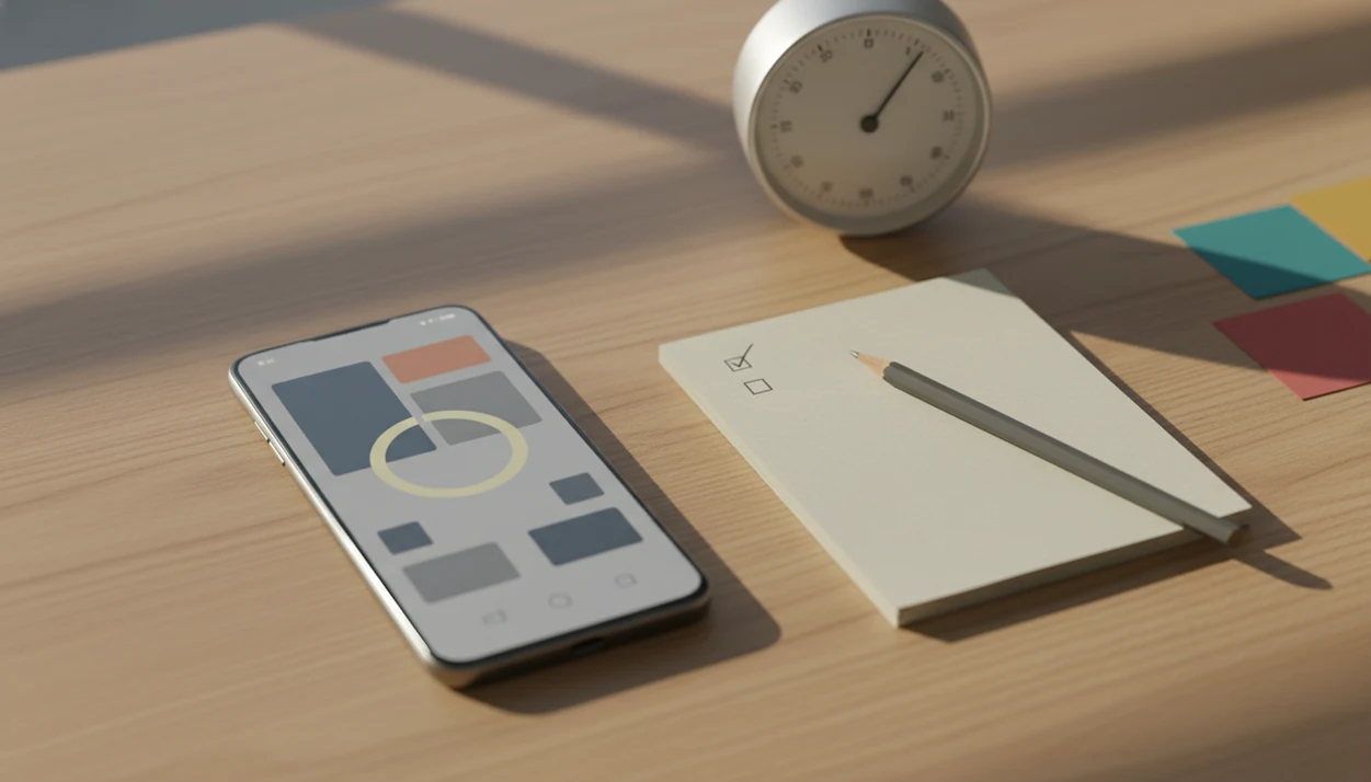A phone, timer, and notebook are arranged on a desk for a focused Android work session.