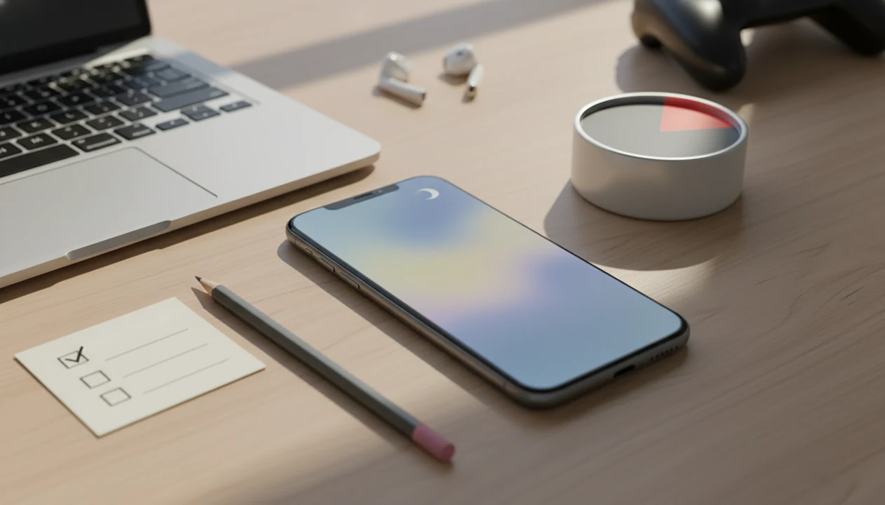 A quiet desk setup shows an iPhone, timer, pencil, and blank task card ready for focused work.