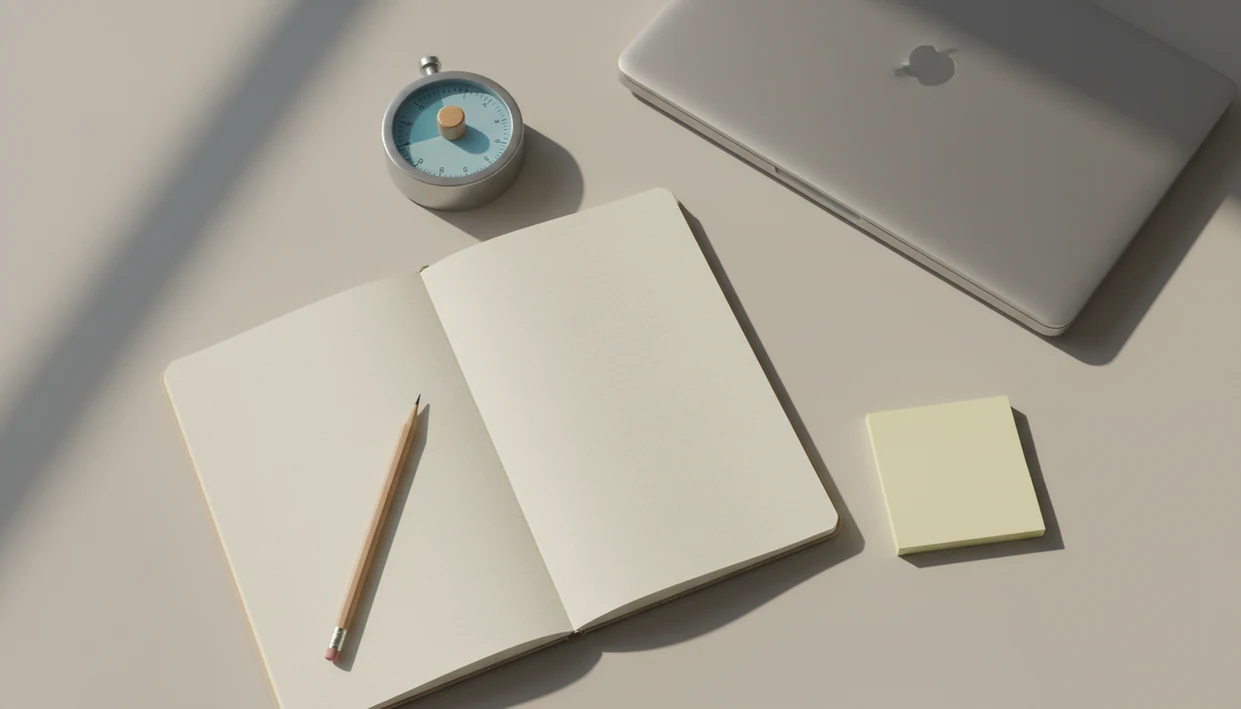 A minimal desk setup with a notebook, pencil, laptop, and timer ready for a small first step.