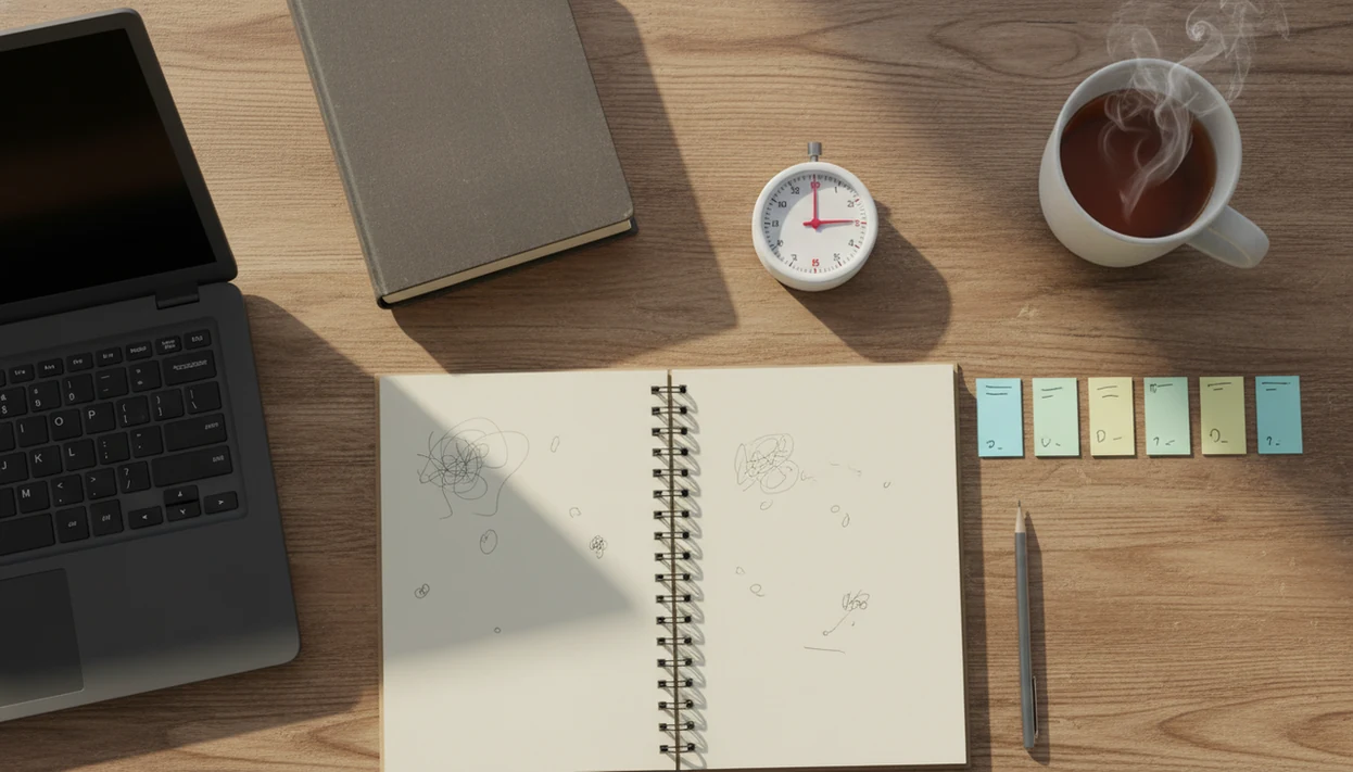 A tidy study desk with sticky notes, a notebook, pencil, and timer arranged for focused study sprints.
