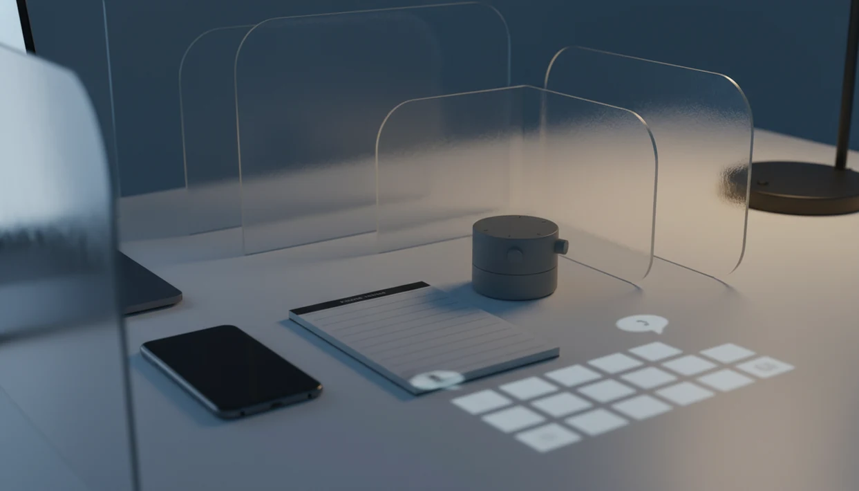 A private desk setup with a hidden phone, planner, timer, and frosted panels suggesting protected focus data.