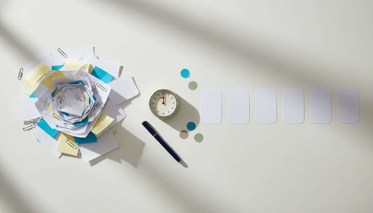 A messy paper pile turns into a neat queue of tiny task cards beside a timer on a clean desk.