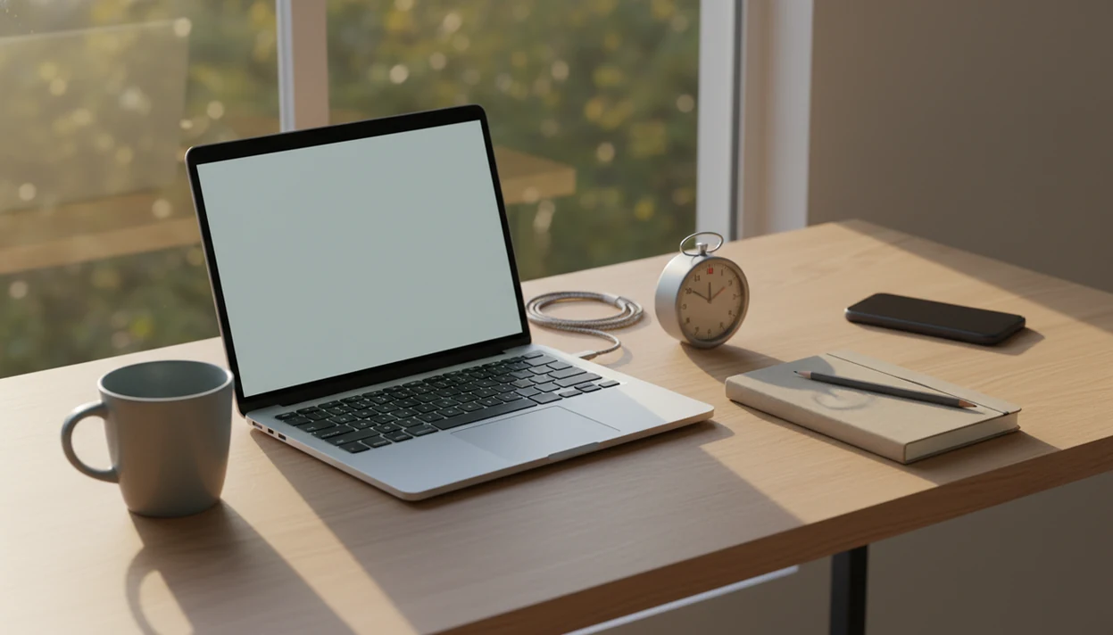 A quiet morning desk with a laptop, timer, notebook, and phone set aside to protect the first task.
