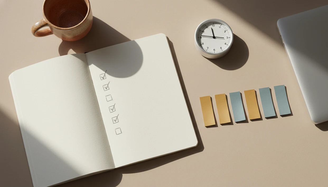 A tidy desk shows sticky notes being organized beside a timer and notebook before a focus session.