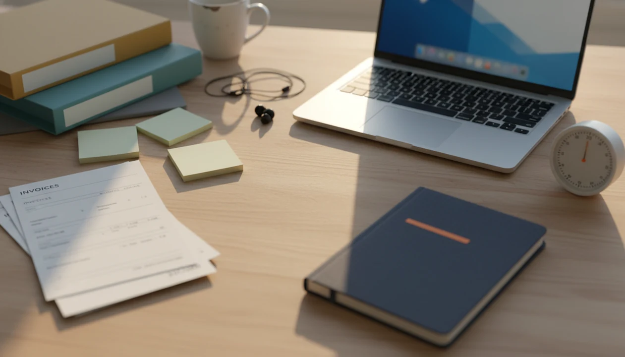 A freelancer’s desk shifts from scattered client papers to a focused timer and one clear work area.