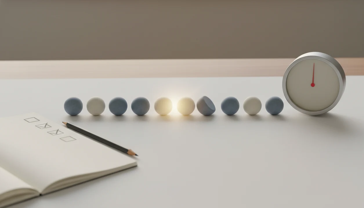 A desk still life shows one tipped streak marker beside a timer and blank notebook, suggesting a small restart.