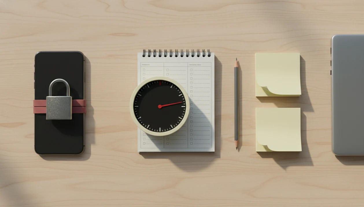 A desk flat lay shows a focus timer, blank checklist, locked phone, pencil, notes, and laptop edge.