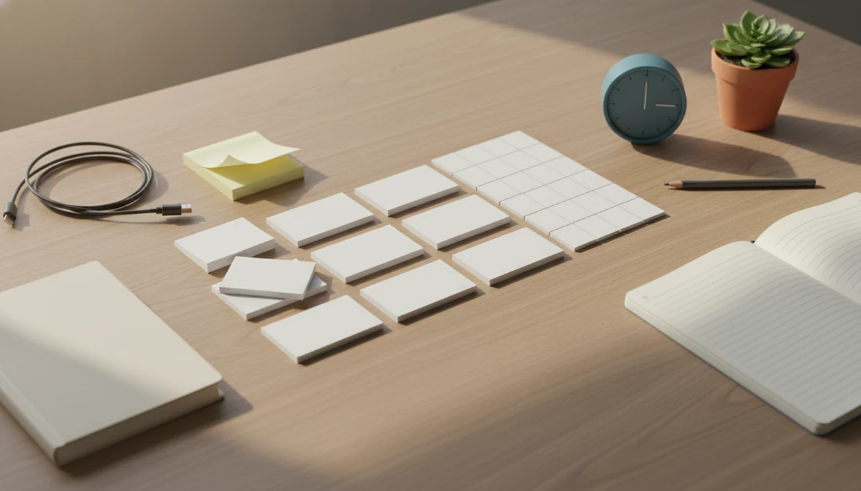 A tidy desk shows blank task cards, a focus timer, and an orderly 90-day progress setup.