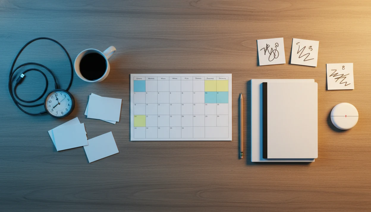 A desk shifts from a cluttered late-night cram scene to an organized study plan with timers and calendar blocks.