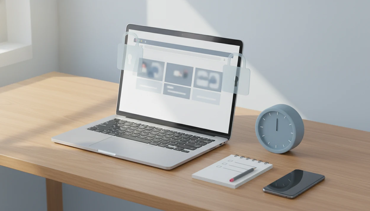 A focused desk setup shows a laptop, timer, blank task list, and blocked website tiles.