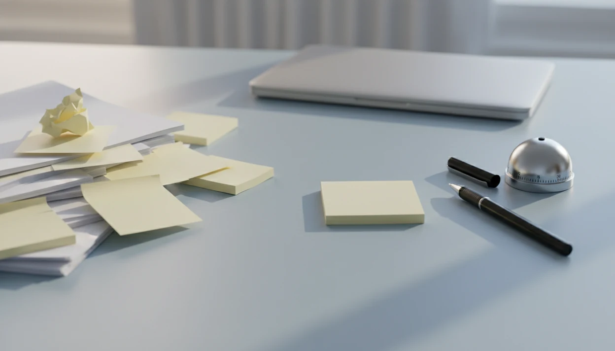 A cluttered desk narrows into one blank sticky note, pen, and timer for a tiny first step.