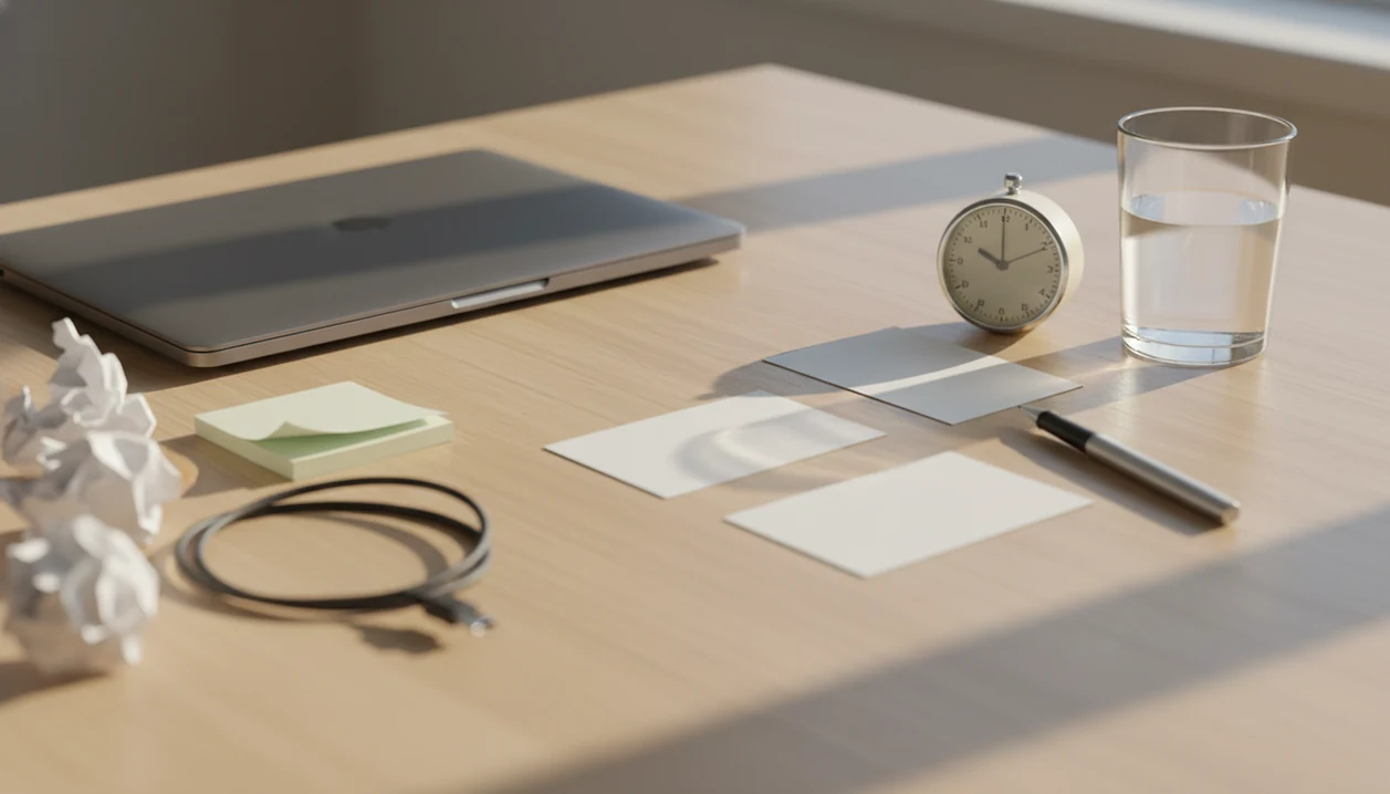 A tidy desk with blank task cards and a timer contrasts with a blurred pile of papers nearby.
