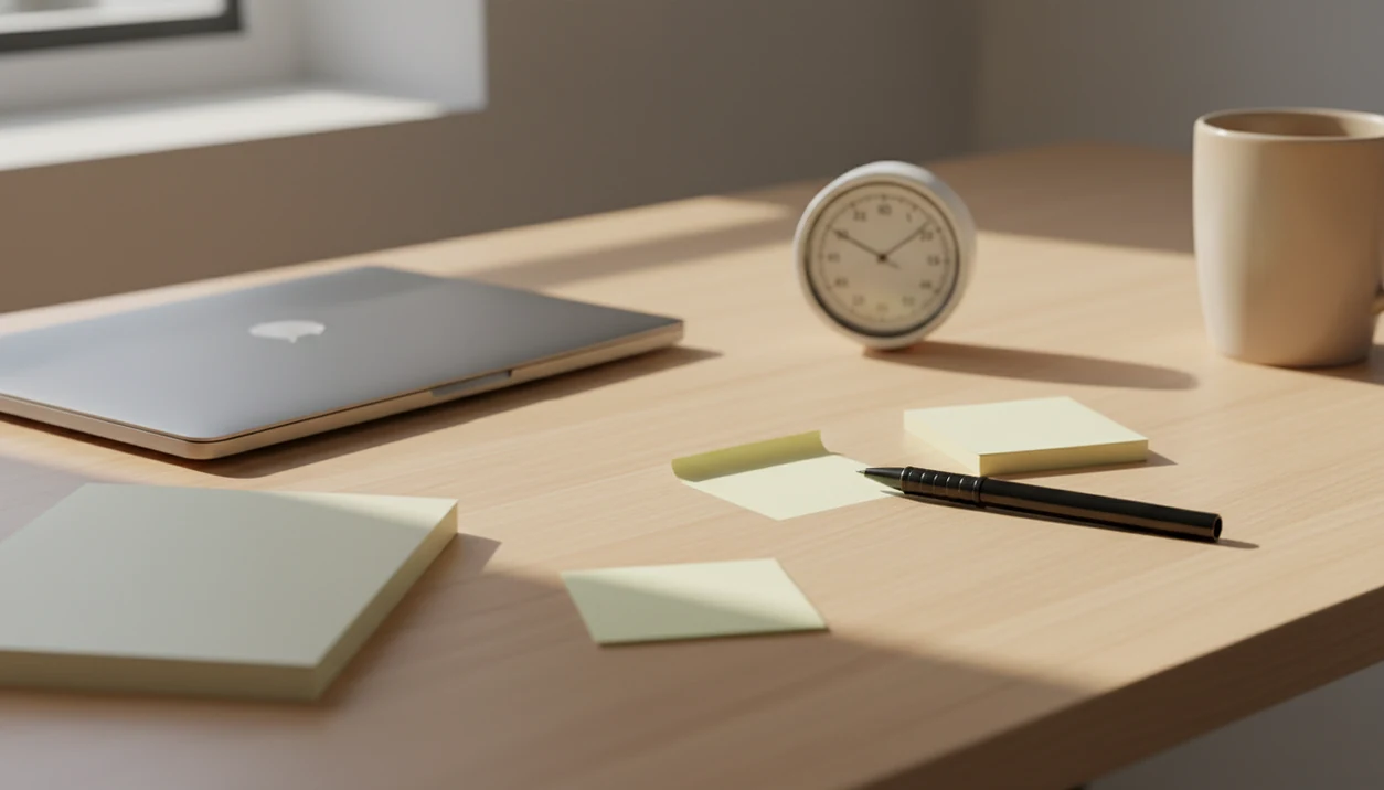 A desk scene shows planning materials with one small blank note set apart as the first step.