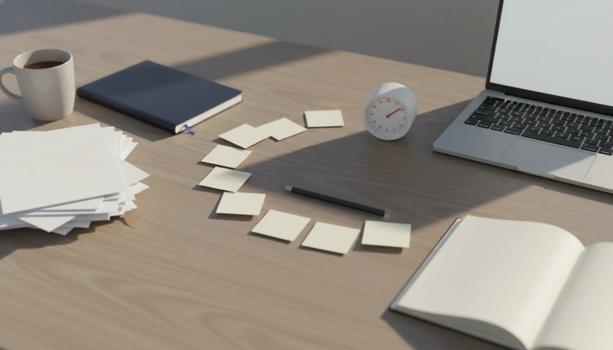 A desk scene shows messy papers gradually becoming an organized setup with a timer and open notebook.